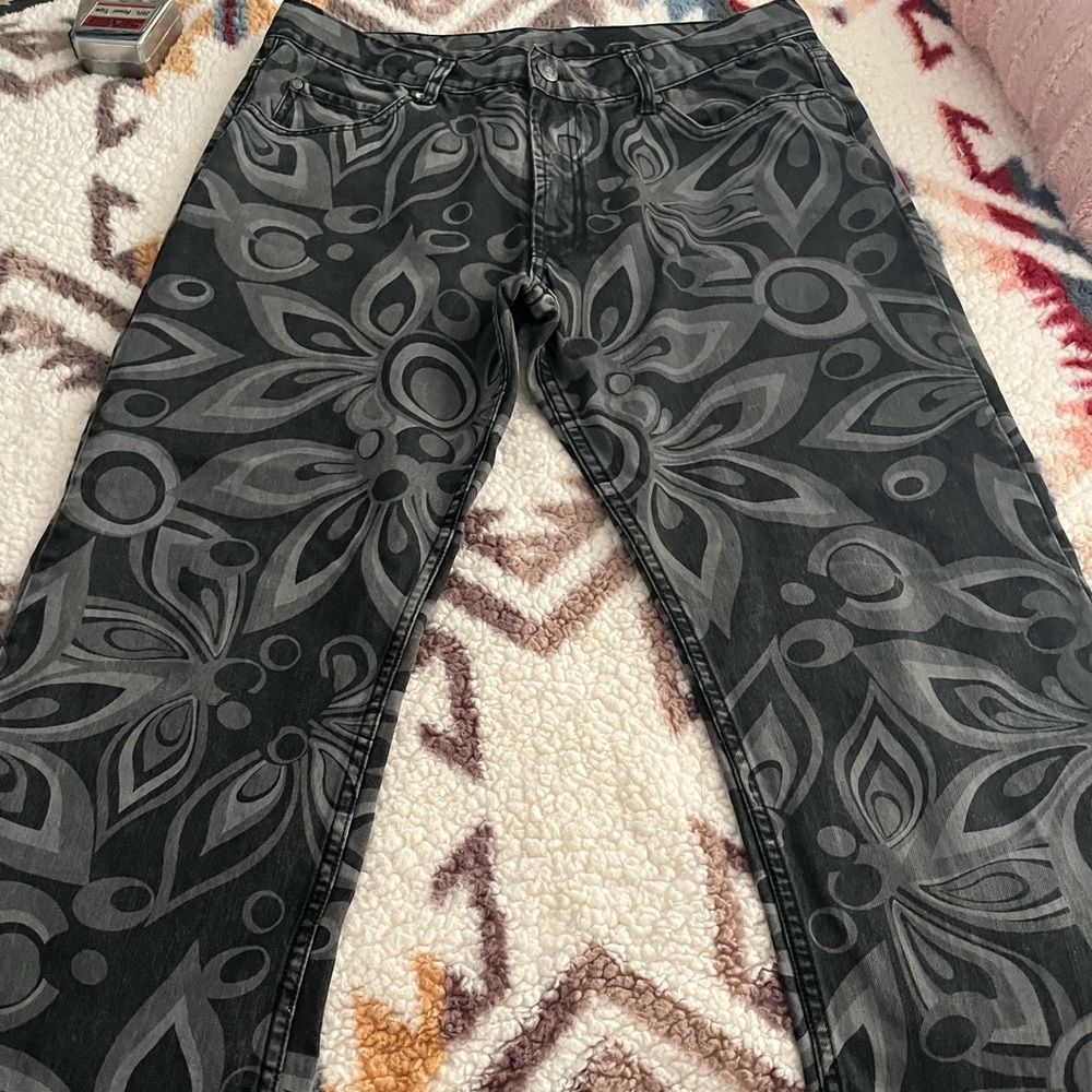 Loudmouth Golf pants:  (unisex) black denim, Floral print